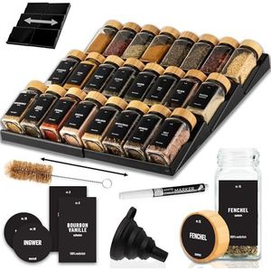 Bomclap Kruidenrek voor lade, 2 stuks, lade-organizer voor de keuken, 3 verdiepingen, kruidenopslag voor glazen en pakjes, schuine verstelbare opslag, zout en specerijen, zwart (zonder glazen