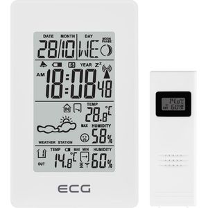 ECG MS 100 Weerstation met draadloze sensor tot 30 meter afstand, thermometer, hygrometer, weersvoorspelling voor de komende 24 uur in 4 modi, tijd, wekker, wit