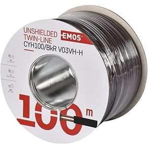 EMOS S8280 koperen kabel 2 x 1,0 mm2, 100 meter tweedraads kabel van puur koper voor laagspanning, zwart met polariteitsmarkering