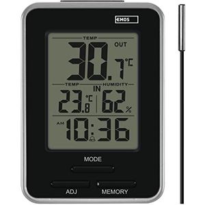 EMOS Digitale thermometer met buitensensor, binnen- en buitenthermometer en hygrometer, weergave min. en max. meetwaarden, wekker met snooze-functie, werkt op batterijen, zilver