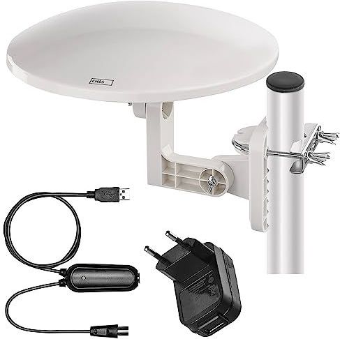 EMOS - Digitale antenne met versterker - voor buiten - Actieve antenne Village - 0-80 km bereik - FM/DAB/DVB-T/DVB-T2 - Geïntegreerde LTE/4G/5G filter - 360° ontvangsthoek - Weerbestendig,