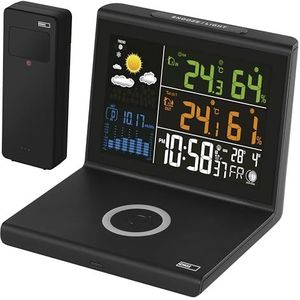 EMOS Draadloos weerstation met Qi-oplader, VA-kleurendisplay, voeding en buitensensor, functies: thermometer, hygrometer, weersvoorspelling, weergave van