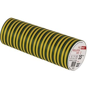 EMOS PVC-isolatietape geel-groen pak van 10, 15mmx10m, 0,13mm banddikte, zelfklevend, hoge spanningssterkte en gebruikstemperatuurbereik, UV-bestendig, waterdicht, zonder textielweefsel