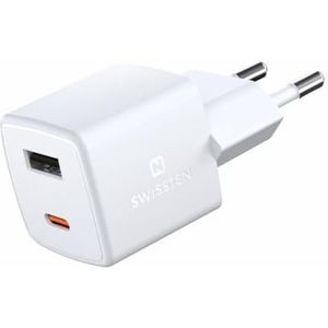 Swissten Mini reislader met GaN-technologie en Qualcomm snel opladen, Power Delivery 30W, 1x USB-C, 1x USB, afmetingen 3x3x3cm, compatibel met iOS en Android smartphones - wit