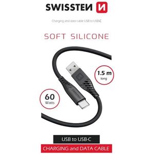 Swissten - USB/USB-C kabel gemaakt van zachte siliconen - Oplaad- en datakabel - Ondersteunt snel opladen tot 60W - 1,5m - Zwart