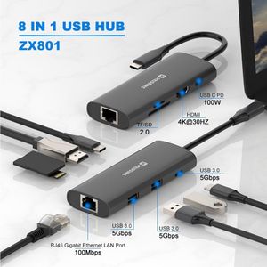 Swissten USB-C Hub 8-In-1 (USB-C 100W, Hdmi 4K, Lan Rj45, 2X USB-A, 1X USB-C 5Gbps, SD, Micro SD) Aluminium (USB-C, 8 ports), Docking station + USB-hub, Zilver