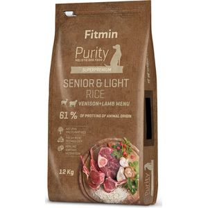 Fitmin Dog Purity Rice Senior & Light Venision & Lamb Hondendroogvoer, compleet voer met gereduceerd energiegehalte, ideaal voor honden met overgewicht en senioren, 12 kg