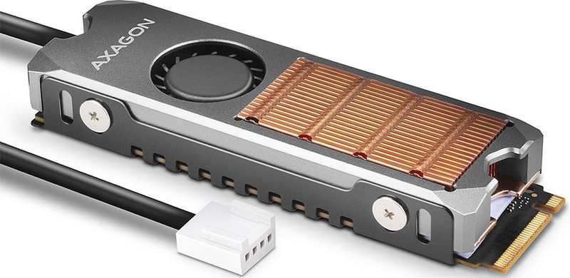 AXAGON CLR-M2FAN active fan - M.2 SSD, 80mm SSD, copper body, silicone thermal pads, height 13mm