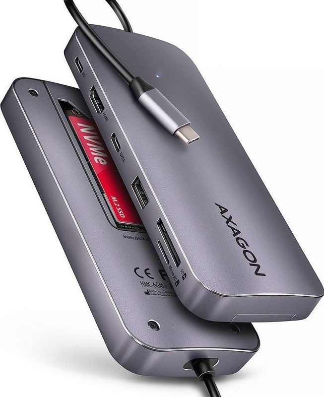 AXAGON HMC-6GM2 USB 10Gbps hub USB-A USB-C HDMI M.2 SD/mSD PD 100W USB-C Bedraad USB 3.2 Gen 2 (3.1 Gen 2) Type-C Grijs