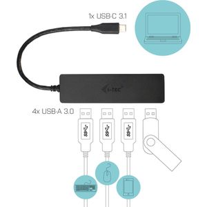 i-tec USB-C Slink 4-Port HUB met 4 USB 3.0-Poorten voor Windows MacOS Linux Android