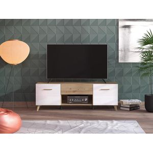 Tv-meubel met 2 deuren, 1 lade en 1 nis van mdf - Licht naturel en wit - EZGI L 147.4 cm x H 48.9 cm x D 41.6 cm