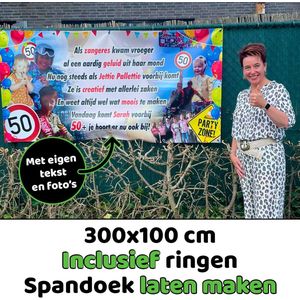 Spandoek laten maken 300 x 100 cm | Eigen tekst en foto's | Incl. Ringen | Voor iedere gelegenheid | Verjaardag | Abraham | Sarah | Pensioen | Welkom thuis spandoek