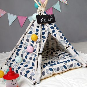 Small and Medium Dog Pet Tent Dog Kattenbakje  Specificatie: Medium 50×50×60cm(Blauwe bladeren met kussen)