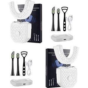 Orthosparkle tandenborstel voor volwassenen, OrthoSparkle 10-seconden tandenborstel, U-vormige tandenborstel 3 modi, 360 ° mondreiniging, automatische reiniging tandenborstel, draadloos opladen, waterdicht (2 stuks-wit)