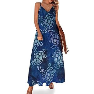 Zeeschildpad Blauw Vrouwen Sling Maxi Jurken V-hals Causale Mouwloze Verstelbare Riem Sexy Lange Jurk