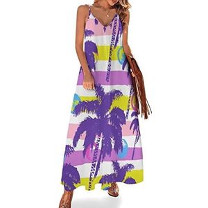Paarse palmbomen vrouwen sling maxi-jurken V-hals casual mouwloze verstelbare riem sexy lange jurk