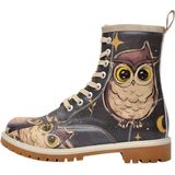 DOGO Femme Cuir Vegan Noir Bottes Longues - Bottes de Mode Décontractées Confortables Faites à la Main, Owls Family Motif