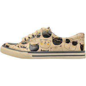 DOGO Femme Cuir Vegan Beige Baskets - Chaussures de Marche Confortables et Décontractées Faites à la Main, Monochrome Cats Motif