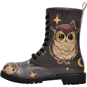 DOGO Femme Cuir Vegan Noir Bottes Longues à Glissière - Bottes de Mode Décontractées Confortables Faites à la Main, Owls Family Motif