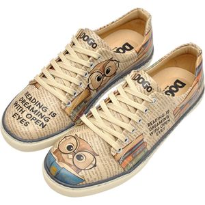 DOGO Femme Cuir Vegan Beige Baskets - Chaussures de Marche Confortables et Décontractées Faites à la Main, The wise owl Motif