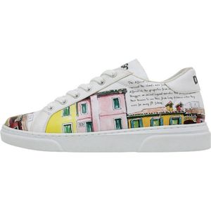 DOGO Femme Cuir Vegan Blanc Baskets - Chaussures de Marche Confortables et Décontractées Faites à la Main, Burano Island Motif