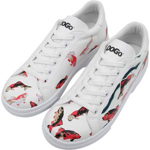 DOGO Femme Cuir Vegan Blanc Baskets - Chaussures de Marche Confortables et Décontractées Faites à la Main, Koi World Motif
