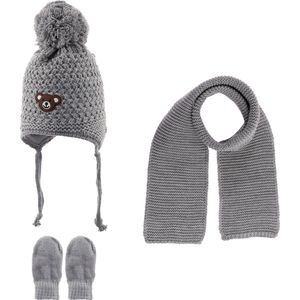 Kitti 3-Delig Winter Set | Muts (Beanie) met Fleecevoering - Sjaal - Handschoenen | 0-18 Maanden Baby Jongens | K23150-05-01 | Light Grey