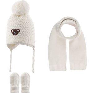 Kitti 3-Delig Winter Set | Muts (Beanie) met Fleecevoering - Sjaal - Handschoenen | 0-18 Maanden Baby Jongens | K23150-05-03 | Cream