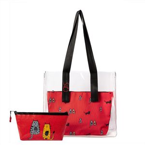 Biggdesign Cats Schoudertas Dames Tote Bag - Inclusief Makeup Tas Toilettas Dames - Rood