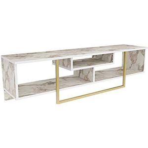 DECOROTIKA Asal 150 cm breed tv-meubel met open opbergplanken voor woonkamer, slaapkamer, metalen frame tv-standaard - voor tv's tot 65 inch - wit en walnoot