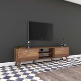 TV Meubel - Retro Stijl 180 cm - Walnoot Afwerking - Zilveren Handgrepen
