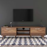 TV Meubel - Retro Stijl 180 cm - Walnoot Afwerking - Zilveren Handgrepen