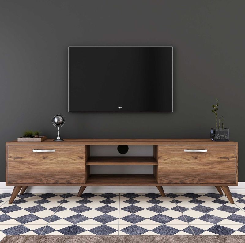 TV Meubel - Retro Stijl 180 cm - Walnoot Afwerking - Zilveren Handgrepen