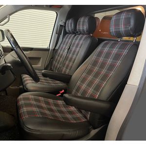 Pasvorm stoelhoezen set (stoel en stoel) Volkswagen Transporter T5 2003 t/m 2015 - Kunst leer / stof met GTI ruitpatroon