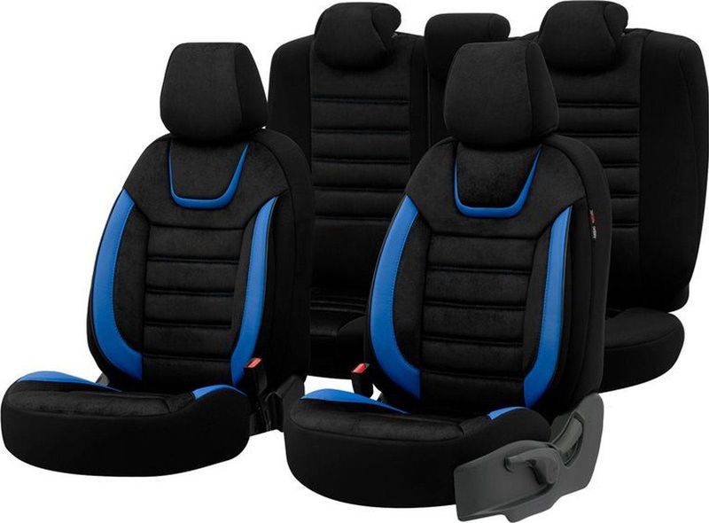 Universele Stoelhoezenset - Zwart/Blauw - Suede/Leder/Stof - 11-delig