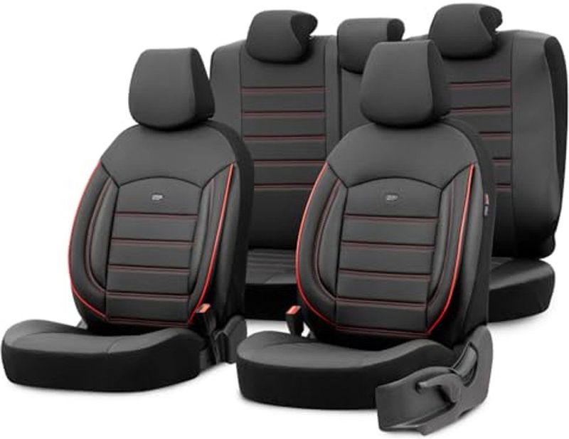 Universele Stoelhoezen - Zwart met Rode Rand - 11-Delig - Leer