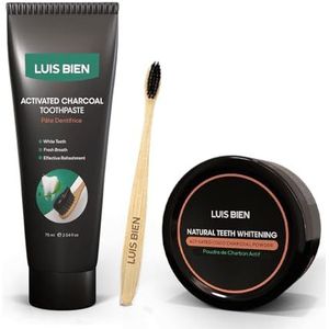 Luis Bien - Geactiveerde Houtskool Tandbleek & Verzorgingsset - Stralende Glimlach & Frisse Adem - Poeder, Tandpasta en Bamboe Tandenborstel - 50g/75ml