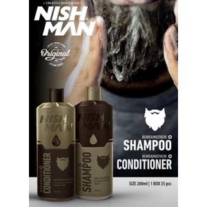 Nish Man | Baard en Snor Set | Shampoo en Conditioner | Panthenol | Parabenen Vrij |  met Argan - Jajoba - Amandel - Olijf Olie | Set van 2 | 200 + 200 ML | Fles