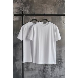 Trendyol Heren wit mannelijke basic slim fit 100% katoen 2 verpakking ronde kraag korte mouwen T-shirt, wit, klein