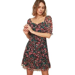 Trendyol Mintkleurige, Bloemenpatroon, Sweetheart Halslijn, Tule Mini-Jurk Met Flexibele Gebreide Stof Twoss20El1690