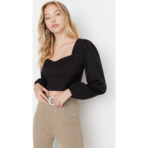 Trendyol - Cropped Geweven Blouse - Zwart - Hartvormige Hals - Lange Mouwen