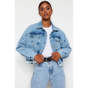 TRENDYOL Dames lichtblauwe rok TIPP kwastjes jeansjack Light Skirt Tip Tassels Crop Denim Jacket, Clear Blue, lichtblauw, XS