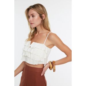 Trendyol - Beachwear - Bruine Cropped Geweven Gevlamde Katoenen Ruche Strandblouse - Tbess21Bz0661