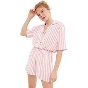 Trendyol Roze Gestreepte Viscose Top Met Wijde Snit, Korte Broek En Geweven Pyjamaset Thmss21Pt0179