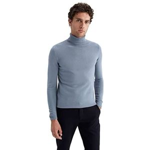 DeFacto Gebreide herentrui met lange mouwen en ronde hals - Slim Fit (grijs gemêleerd, XS), blauw, XXL, Blauw