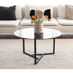 Moderne ronde salontafel glas - zwart - gerookt glas - 75x42x75cm - metaal