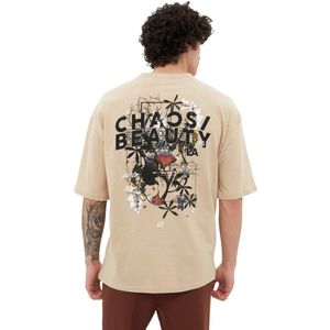 Trendyol - T-shirt - Beige - 100% Katoen - Oversized Fit Met Print