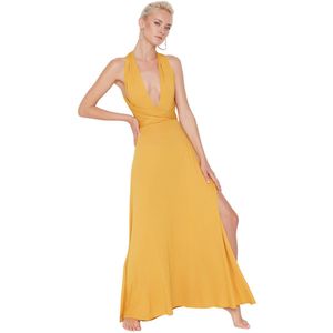 Trendyol Standaard mouw V-hals Verschuiving Kaki maxi gebreide gekruiste strandjurk TBESS21EL2992