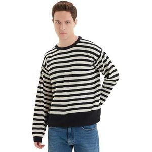 Trendyol Zwarte Casual Oversize Fit Katoenen Wijde Patroon Ronde Hals Gestreepte Breiwerk Trui Tmnaw22Kz1291