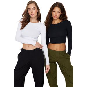 Trendyol - Twoaw22Bz0331 - Aansluitende Cropped Geribbelde Stretchgebreide Blouse - Zwart-Wit